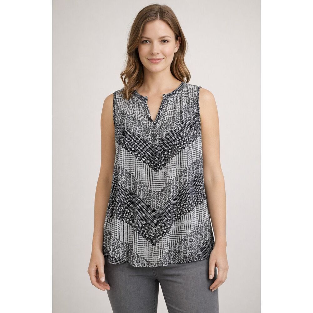 Indigo Sleeveless Rayon Blouse Black White Print Womens Large NWT